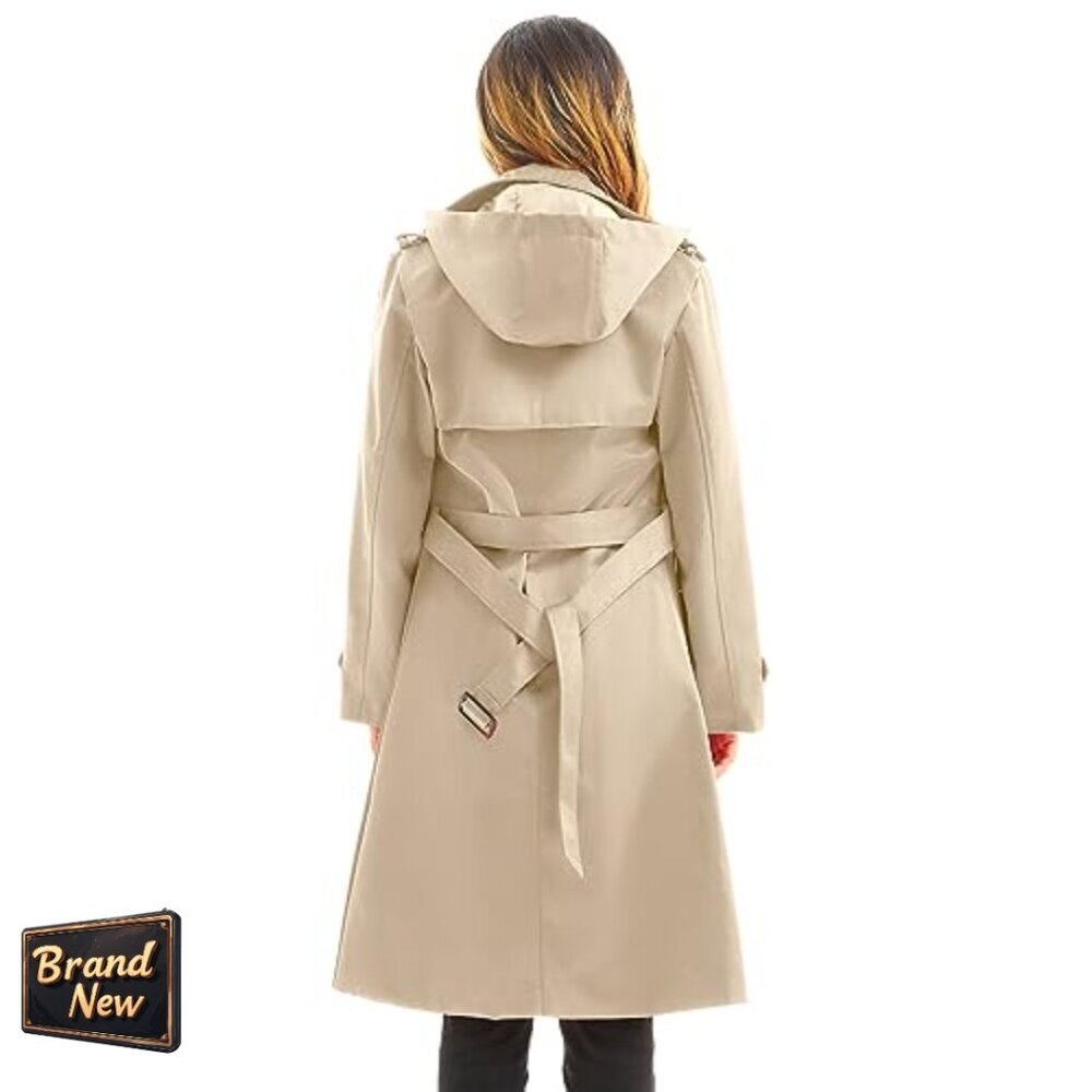 Long Waterproof Trench Coat with Detachable Hood, Belted Double Breasted - Picture 2 of 7